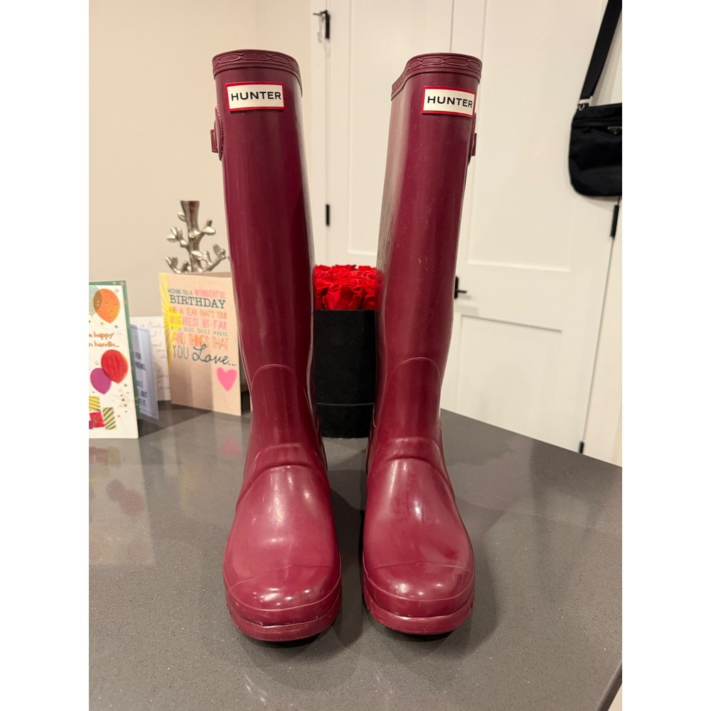 Hunter Original Gloss Tall Womens 8 Wine Rain Boots Designer Waterproof EUC